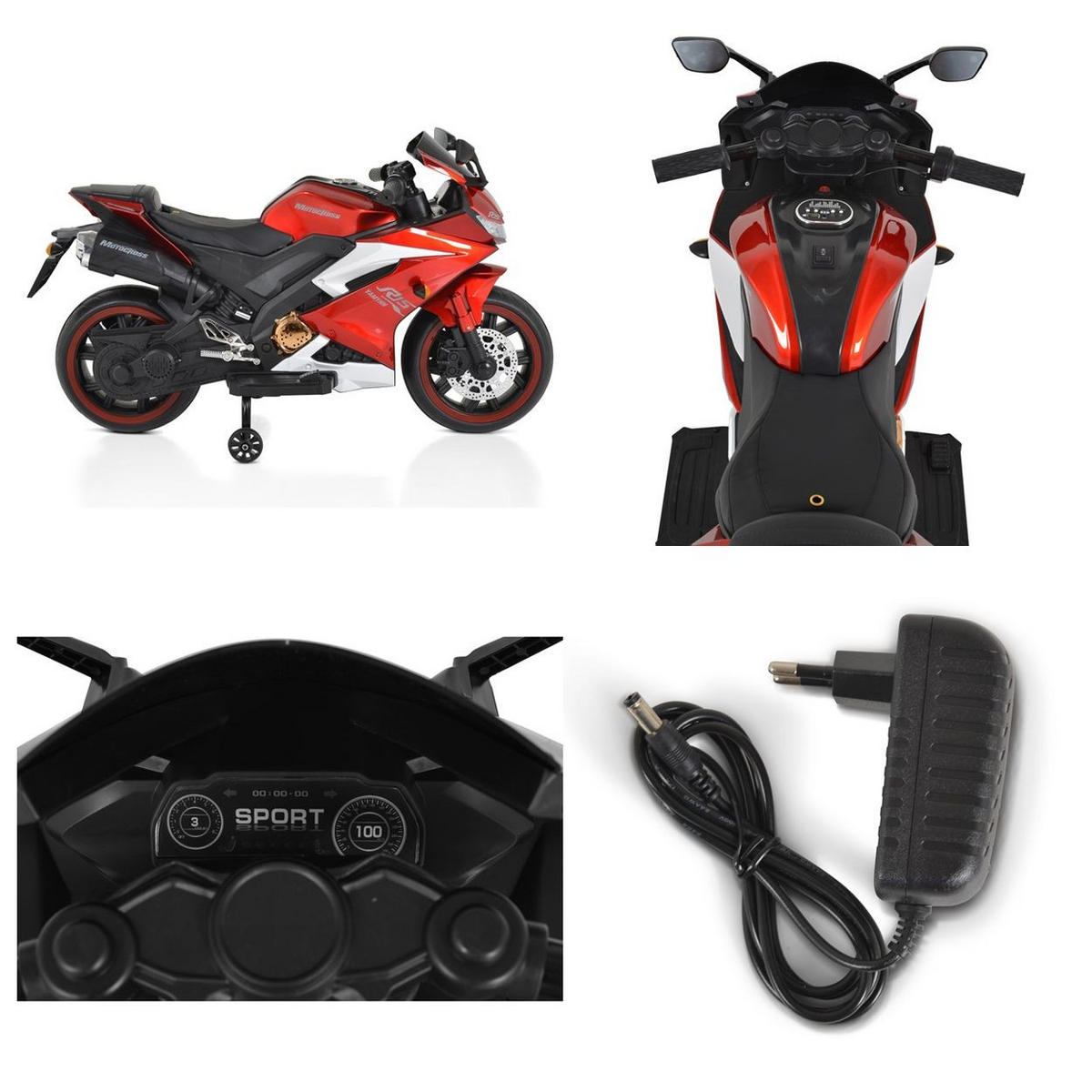 ELEKTROMOTORRAD Motocross rot MP3-Funktion Bluetooth Stützräder Lichter - Rot, Kunststoff (120/60/74cm) - Moni