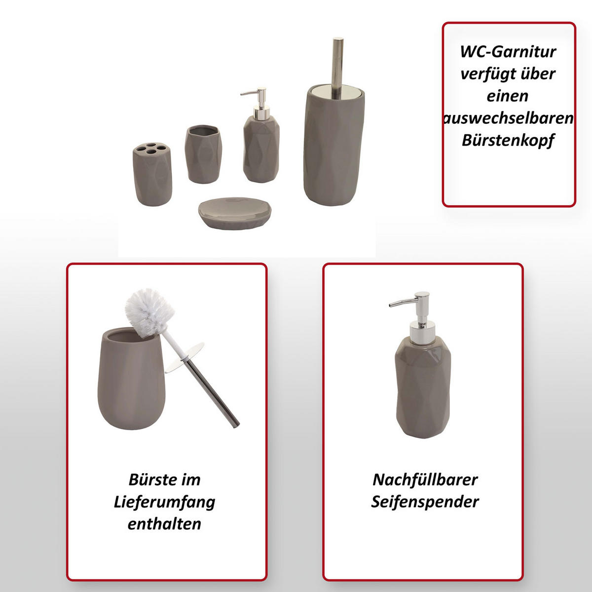 BADSET Grau 5er-Set - Grau, Keramik (13/32/10cm) - MCW