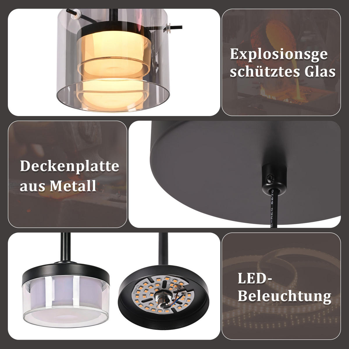PENDELLEUCHTE Azaryn 12/12/160 cm - Schwarz, Glas/Metall (12/12/160cm) - ZMH