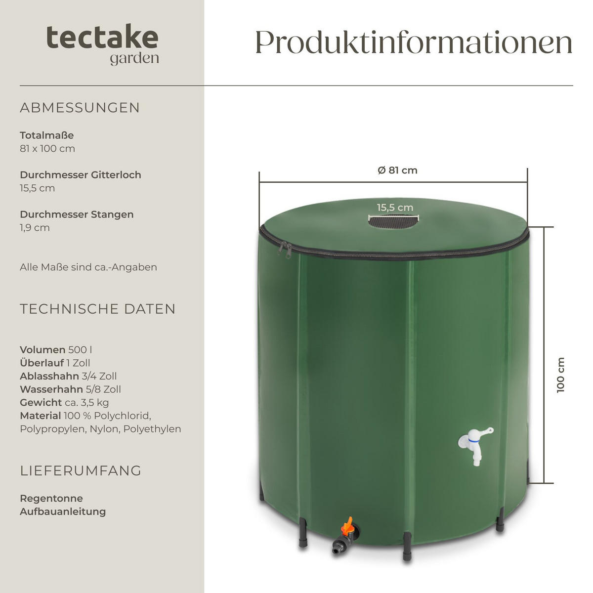 REGENTONNE , Oberseite abnehmbar, grün - Grün, Kunststoff (81/100/81cm) - tectake