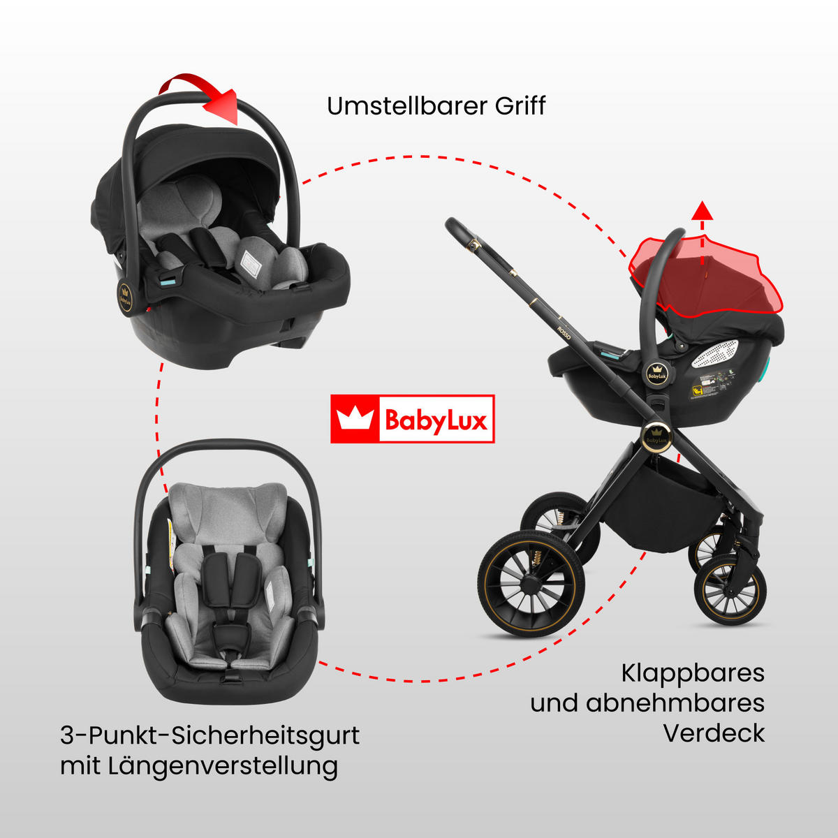 KINDERWAGEN Rosso 3in1 Schwarz Babywanne, Buggy Sportsitz, Babyschale I-Size - Schwarz, Textil/Metall (58/99cm) - BabyLux