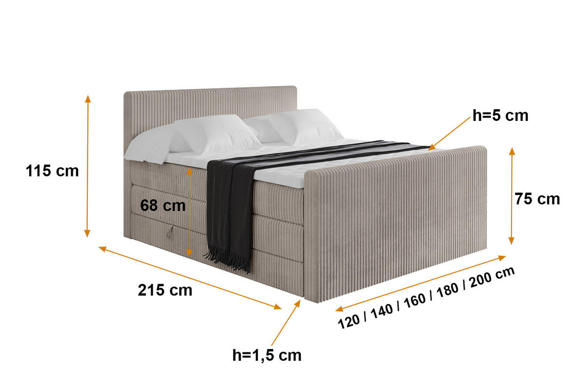 BOXSPRINGBETT mit Matratze H3|H4 und Lattenrost - TOLO-Z KING 180x200 Cord - Aschgrau - Alufarben, Holzwerkstoff (180/200cm) - ALTDECOR