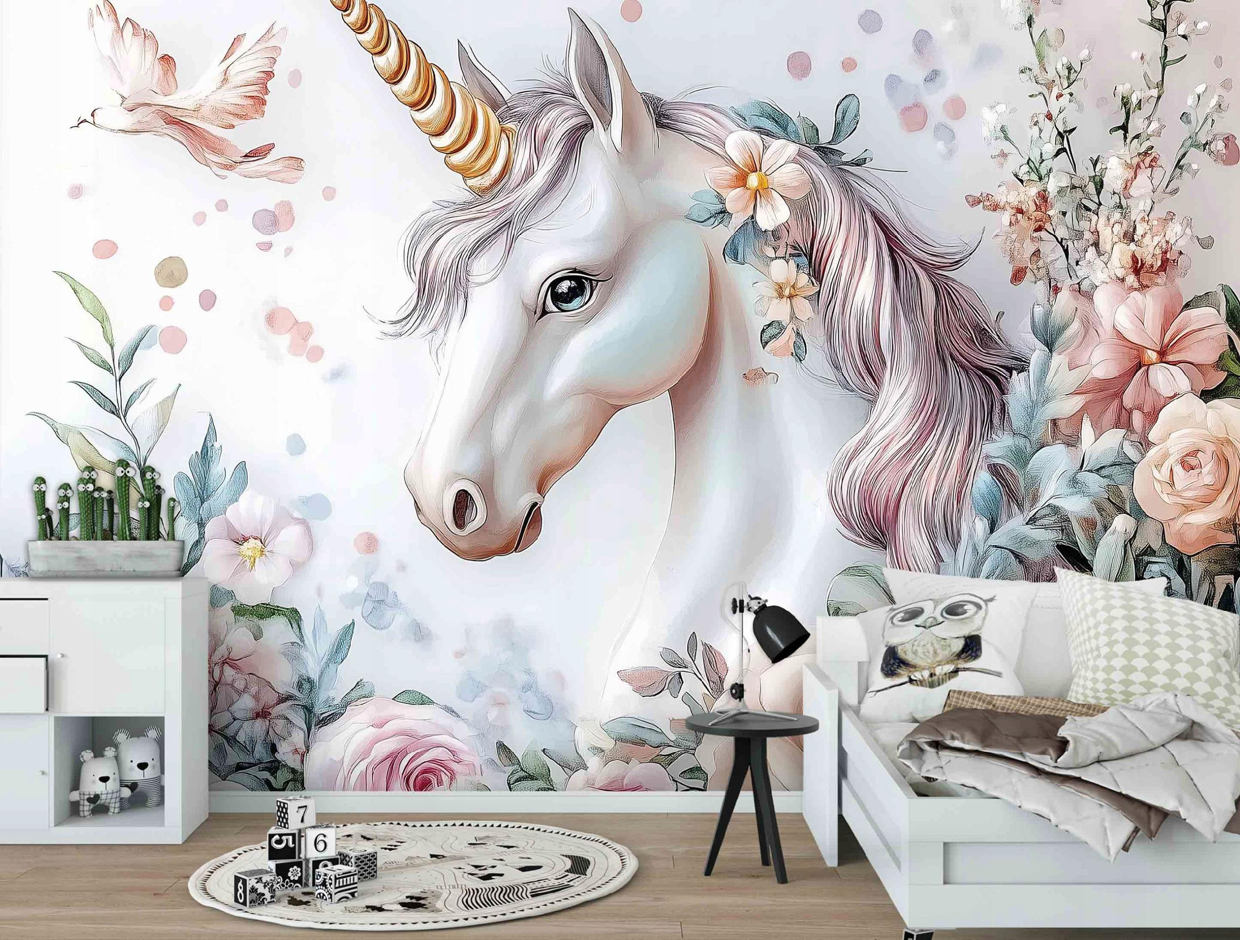 FOTOTAPETE Kinderzimmer Einhorn Blumen 200x140 - Multicolor, Papier (200/140cm) - Wallarena
