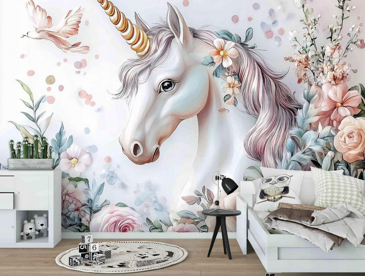 FOTOTAPETE Kinderzimmer Einhorn Blumen 350x250 - Multicolor, Papier (350/250cm) - Wallarena
