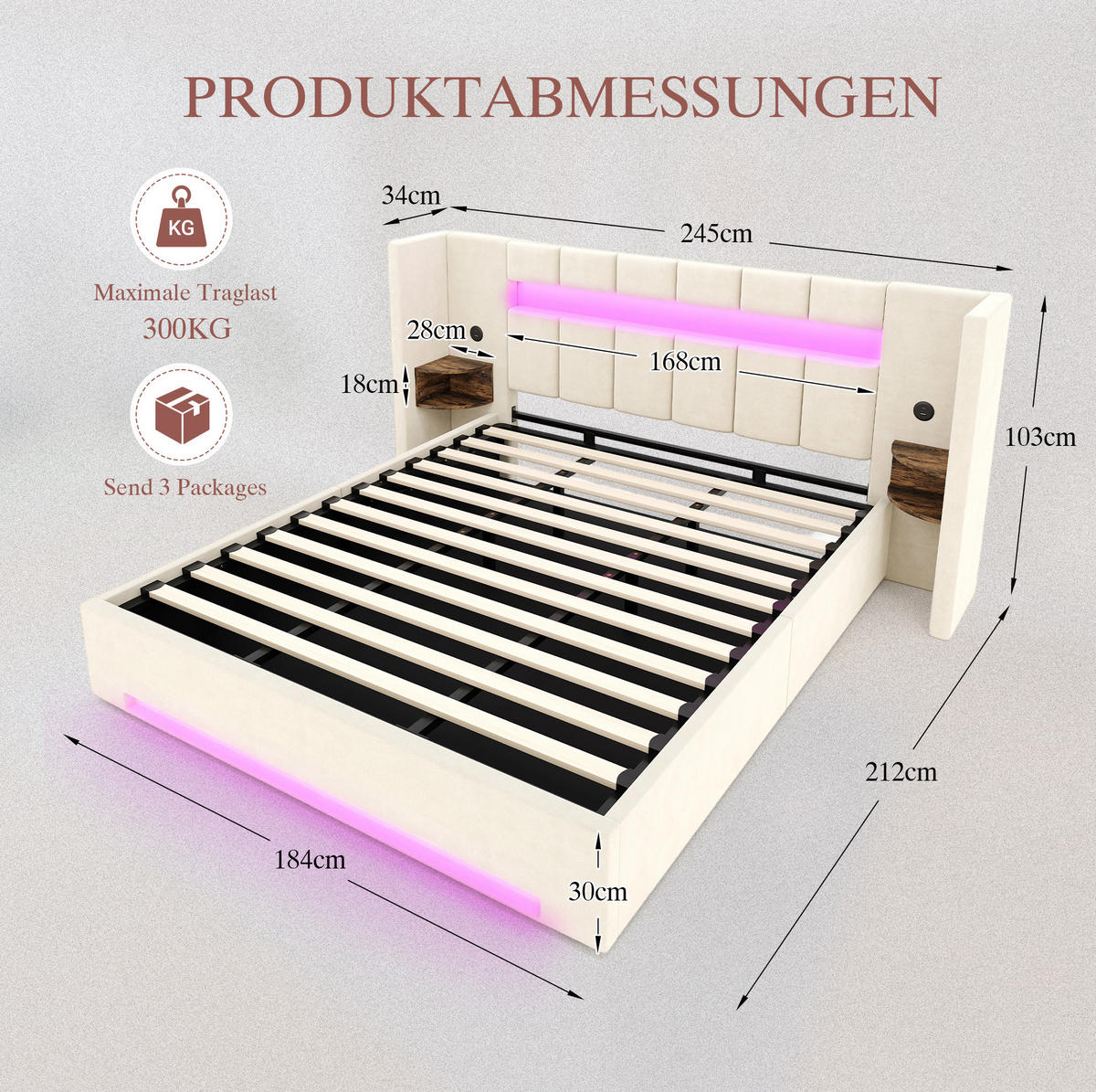 BETT mit USB, LED und Stauraum 180x200 cm Samt Beige - Beige, Metall (180/200cm) - Meubliv