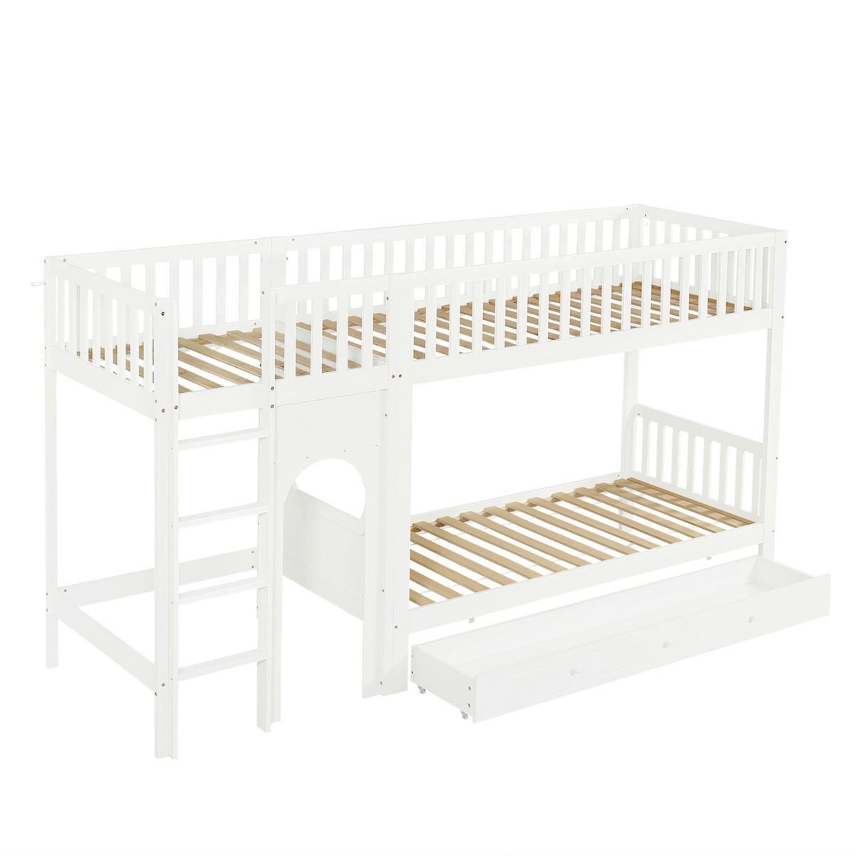 PATROVÁ postel 90/200 cm bílá a přírodní z masivního dřeva a MDF s rovnými schody a zábranami - bílá, dřevo (90/200cm) - OKWISH