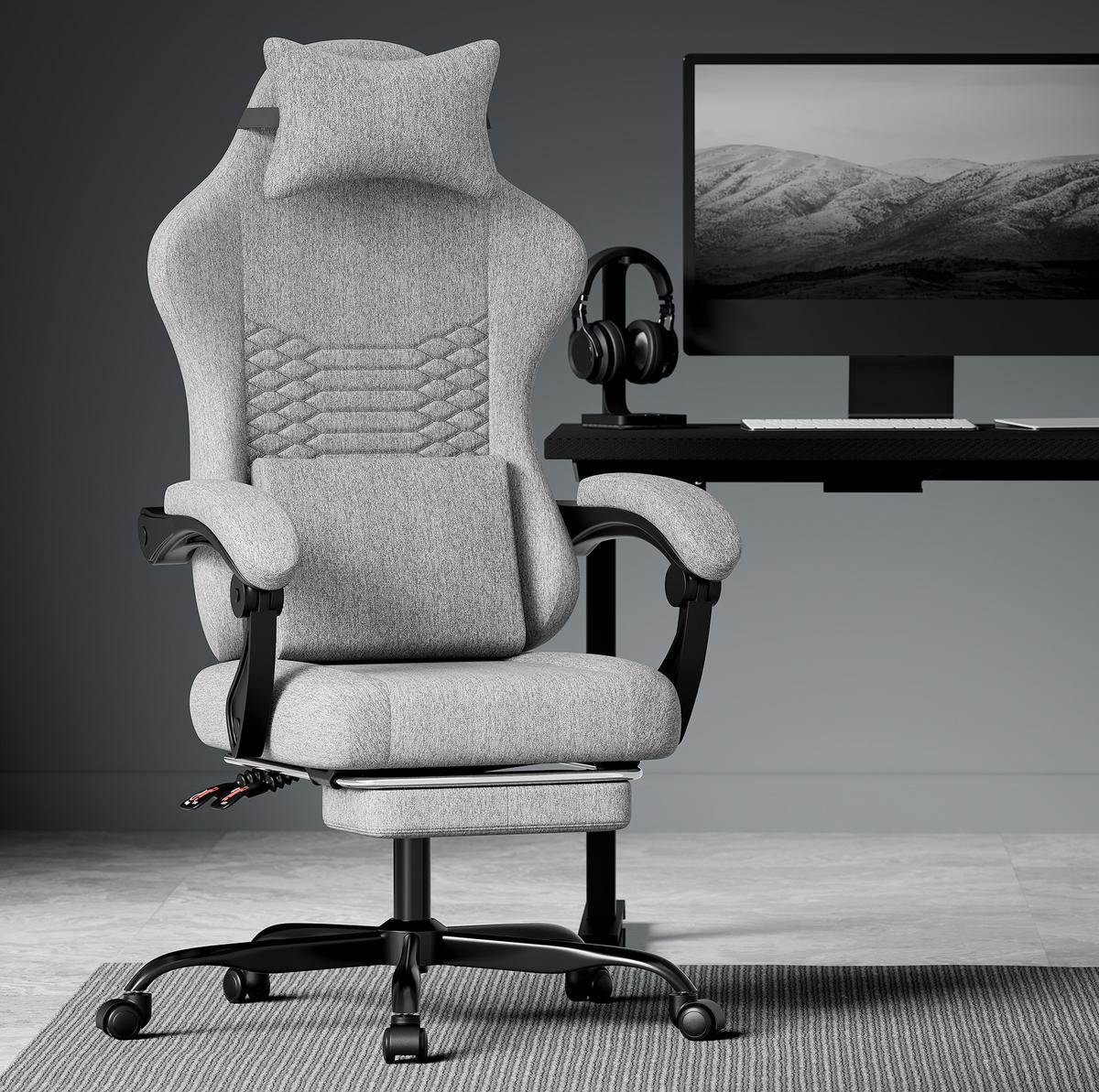 GAMING-STUHL ergonomisch Stoff Light Gray mit Fußstütze - Hellgrau, Kunststoff (63/120.5/58.5cm) - Meubliv