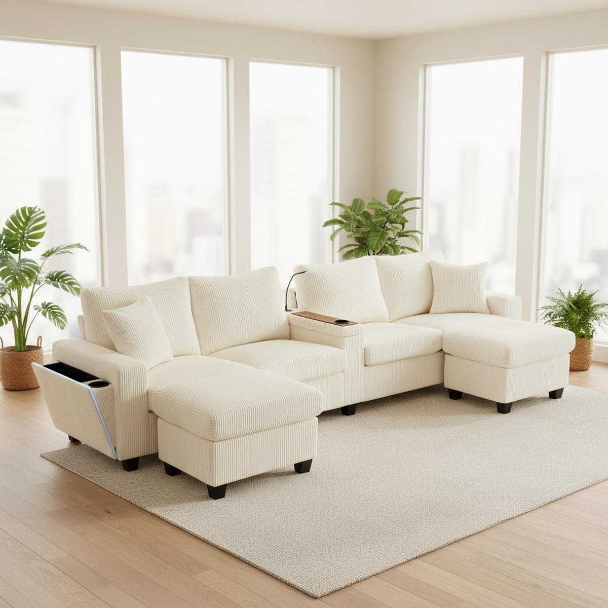 ECKSOFA aus Cord in Beige mit LED Beleuchtung & smarten USB-Anschlüssen - Beige, Textil (128/334cm) - Urban Meuble