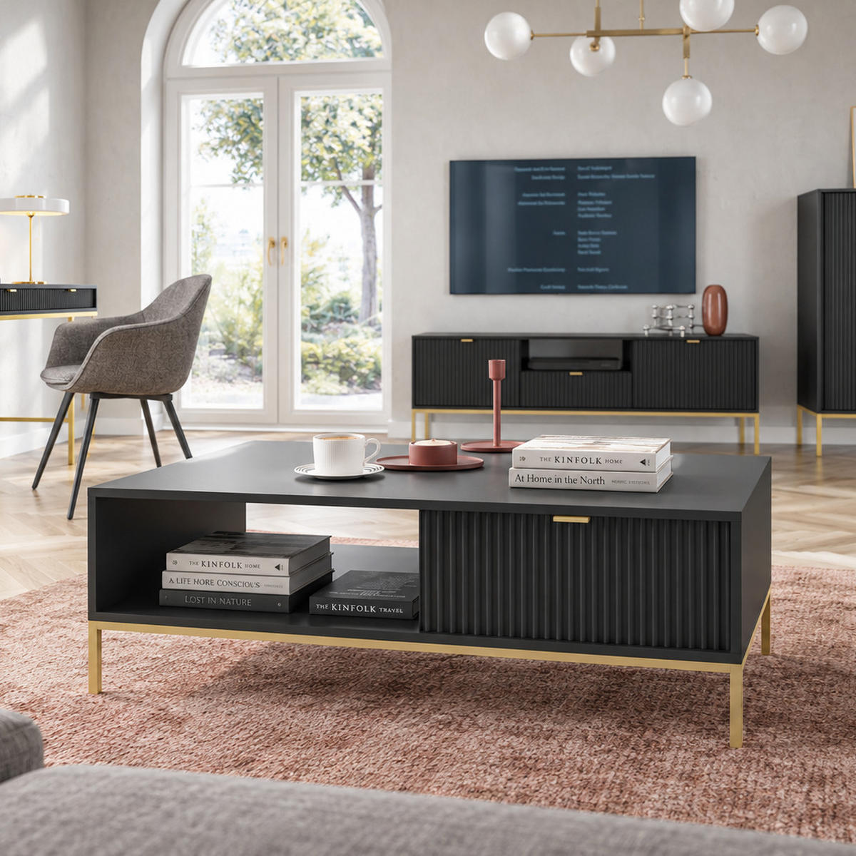 COUCHTISCH Kioto 104 cm in Schwarz mit Schubladen und Metallbeinen - Goldfarben/Schwarz, Holzwerkstoff/Metall (68/104/46cm) - Ravio