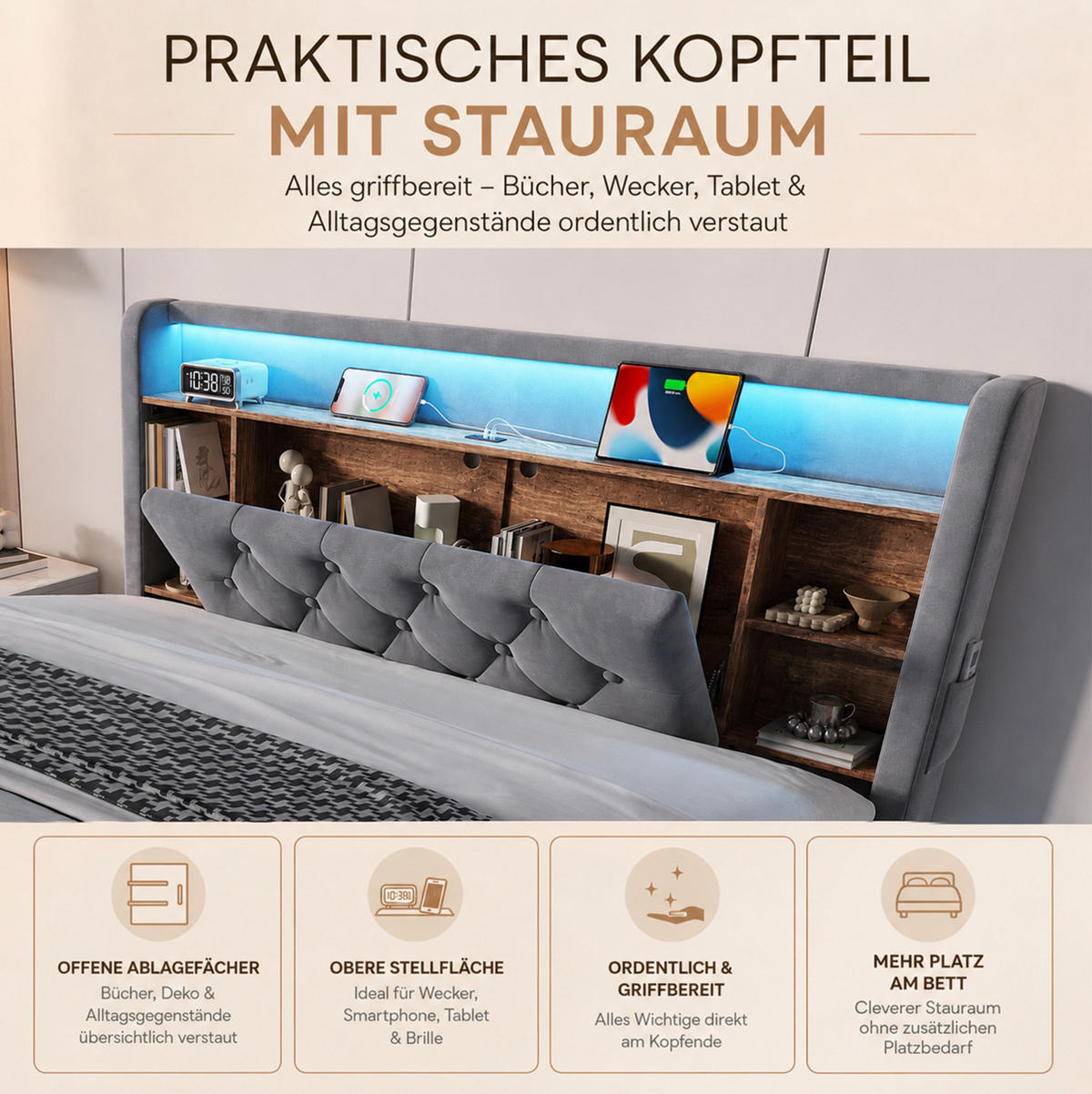 POLSTERBETT aus Samt 140x200 cm Dunkelgrau mit Bettkasten, LED-Beleuchtung, USB- und Type-C-Anschlüssen - Dunkelgrau, Textil (140/200cm) - Modfu
