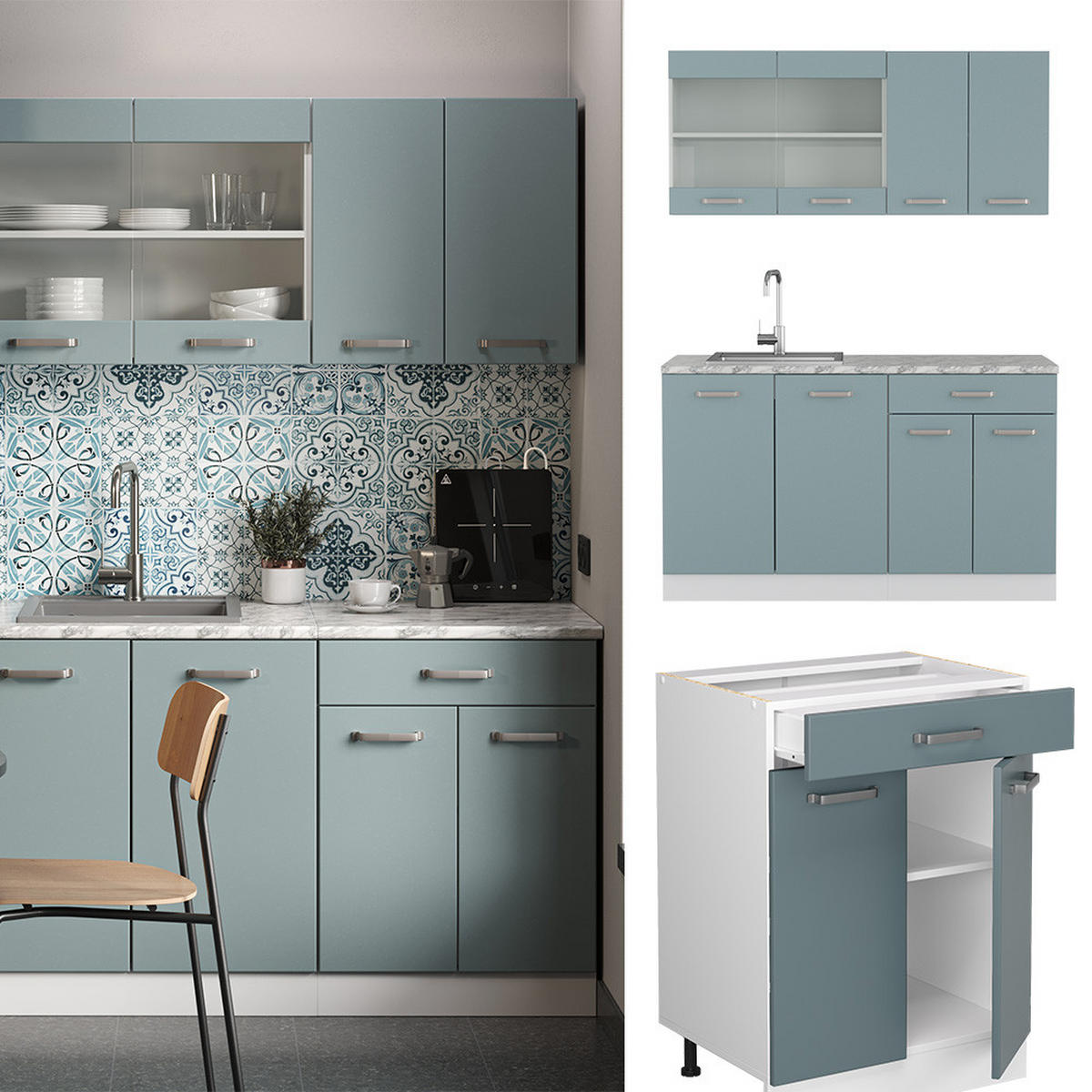 SINGLEKÜCHE R-Line Blau-Grau/Weiß 140 cm, AP Anthrazit - Blaugrau/Weiß, Holzwerkstoff (140/81.6/60cm) - Vicco
