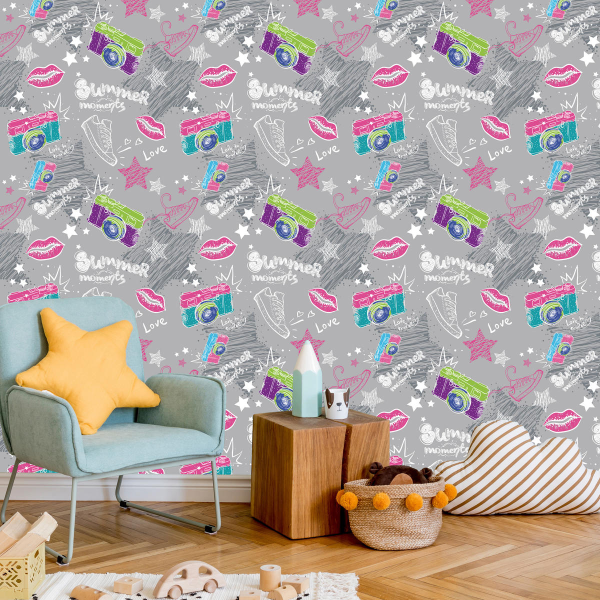 VLIESTAPETE Kameras, Sneaker und Comic-Motive – Rosa, Grün, Grau – 50x1000 cm - Rosa/Grau, Papier (50/1000cm) - Muralo