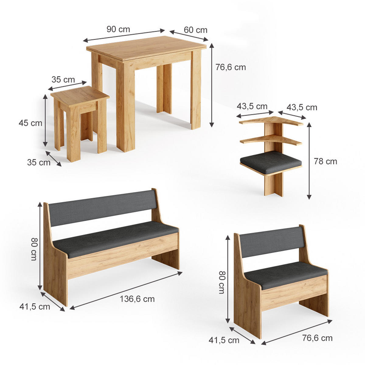 ECKBANKGRUPPE Roman Goldkraft Eiche 180 x 41.5 cm mit Tisch - Honigeiche/Anthrazit, Holzwerkstoff (180/80/120cm) - Vicco