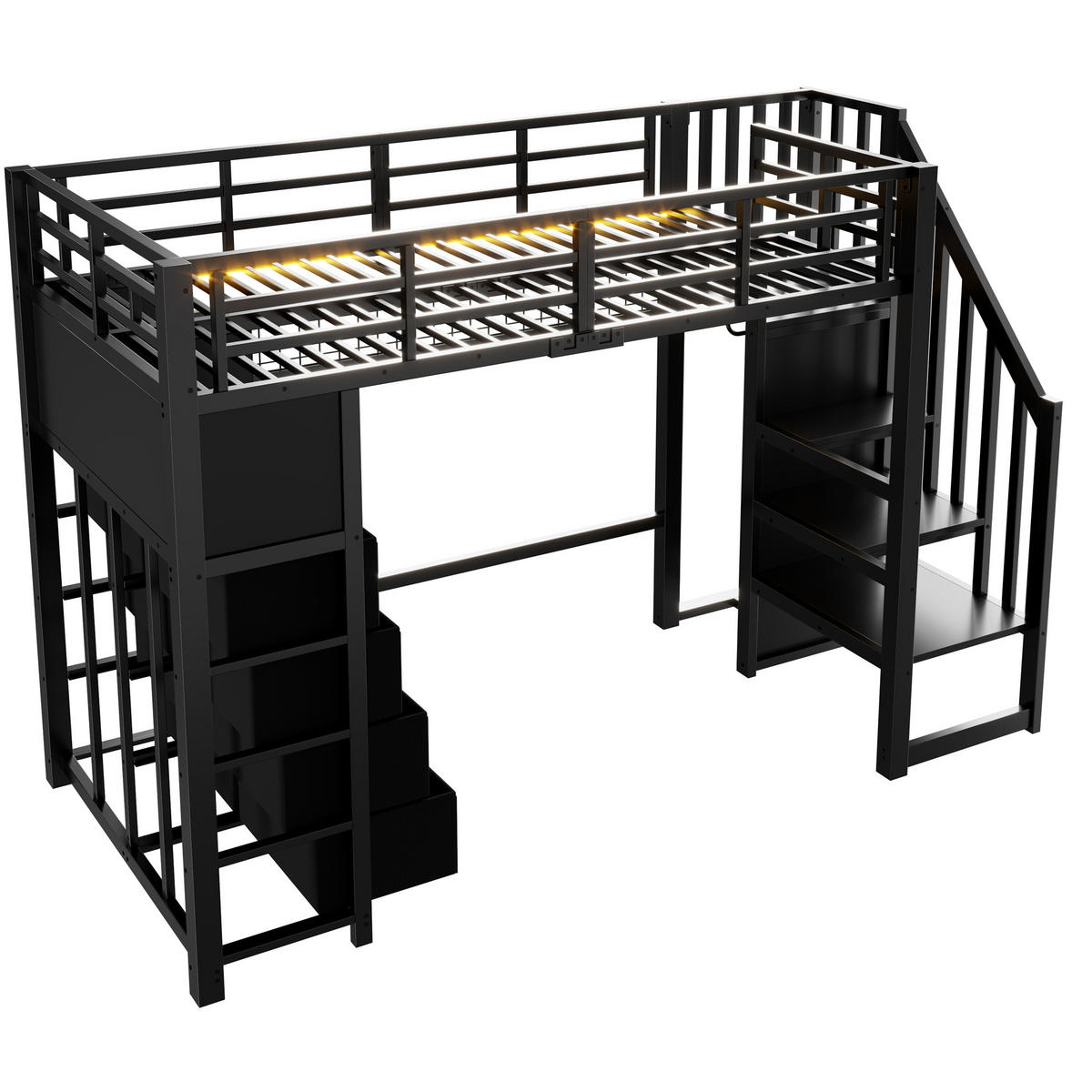 HOCHBETT Metall/MDF 90x200 cm Schwarz mit 8 Schubladen, Treppe, Kleiderschrank und LED - Schwarz, Holzwerkstoff (90/200cm) - Modfu