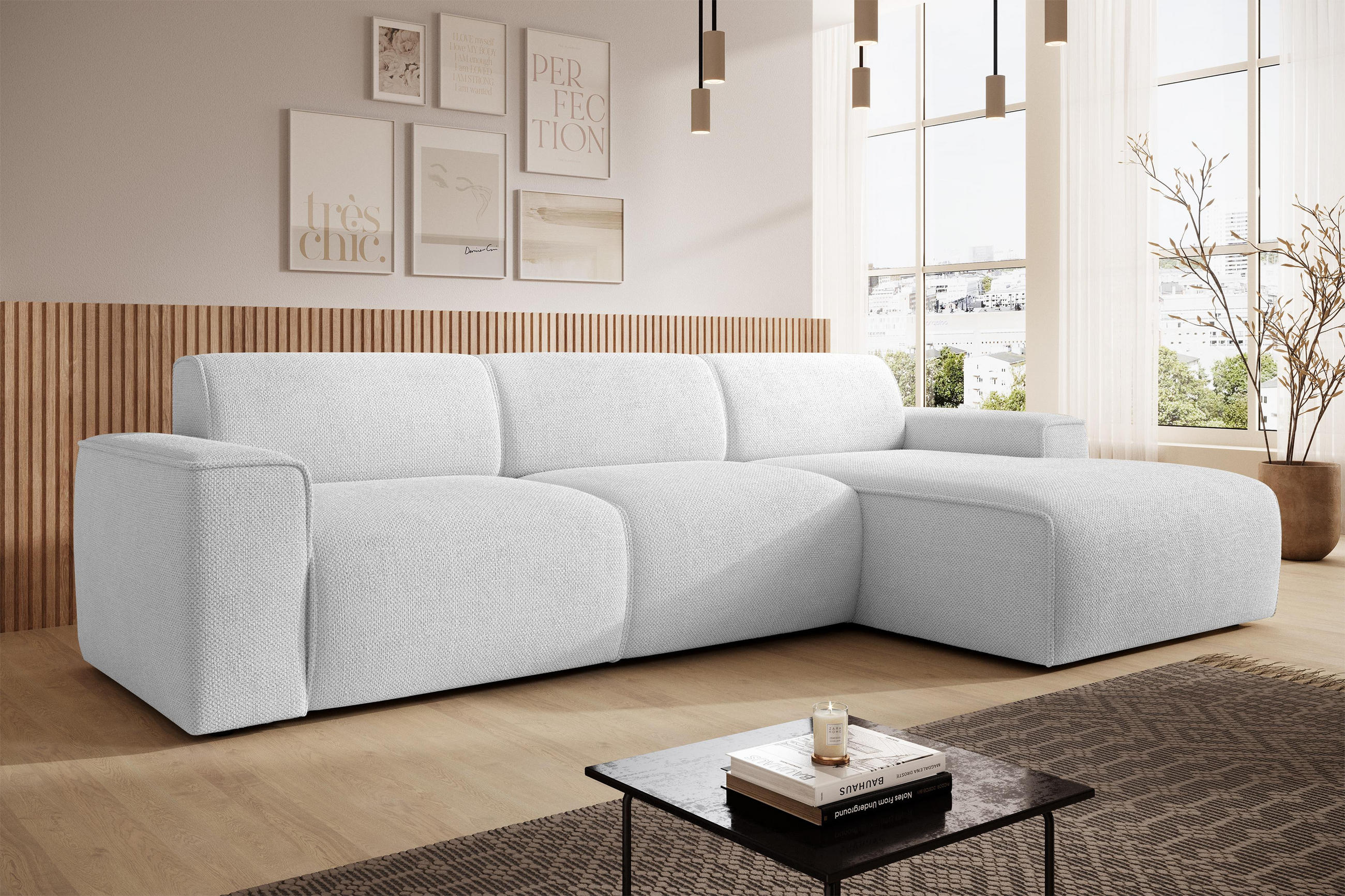 ECKSOFA L Form Didim mini Ivory 310/165/78 cm – stilvolle kleine Eckcouch R - Greige/Champagner, Kunststoff/Textil (310/165cm) - AX Living