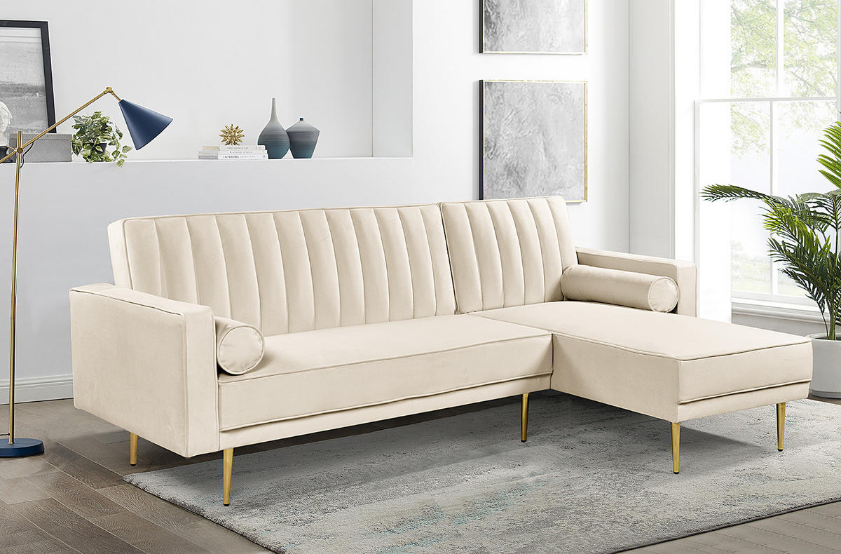 ECKSOFA mit Schlaffunktion - Samt - Beige/Goldfarben, Textil (223/144cm) - home24