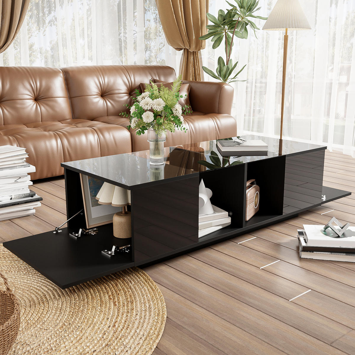 COUCHTISCH in Schwarz mit LED-Beleuchtung und Hochglanz-Tischplatte für Wohnzimmer, B120/T50/H38,5 cm - Schwarz, Glas/Holzwerkstoff (50/120/38.5cm) - STILVORA