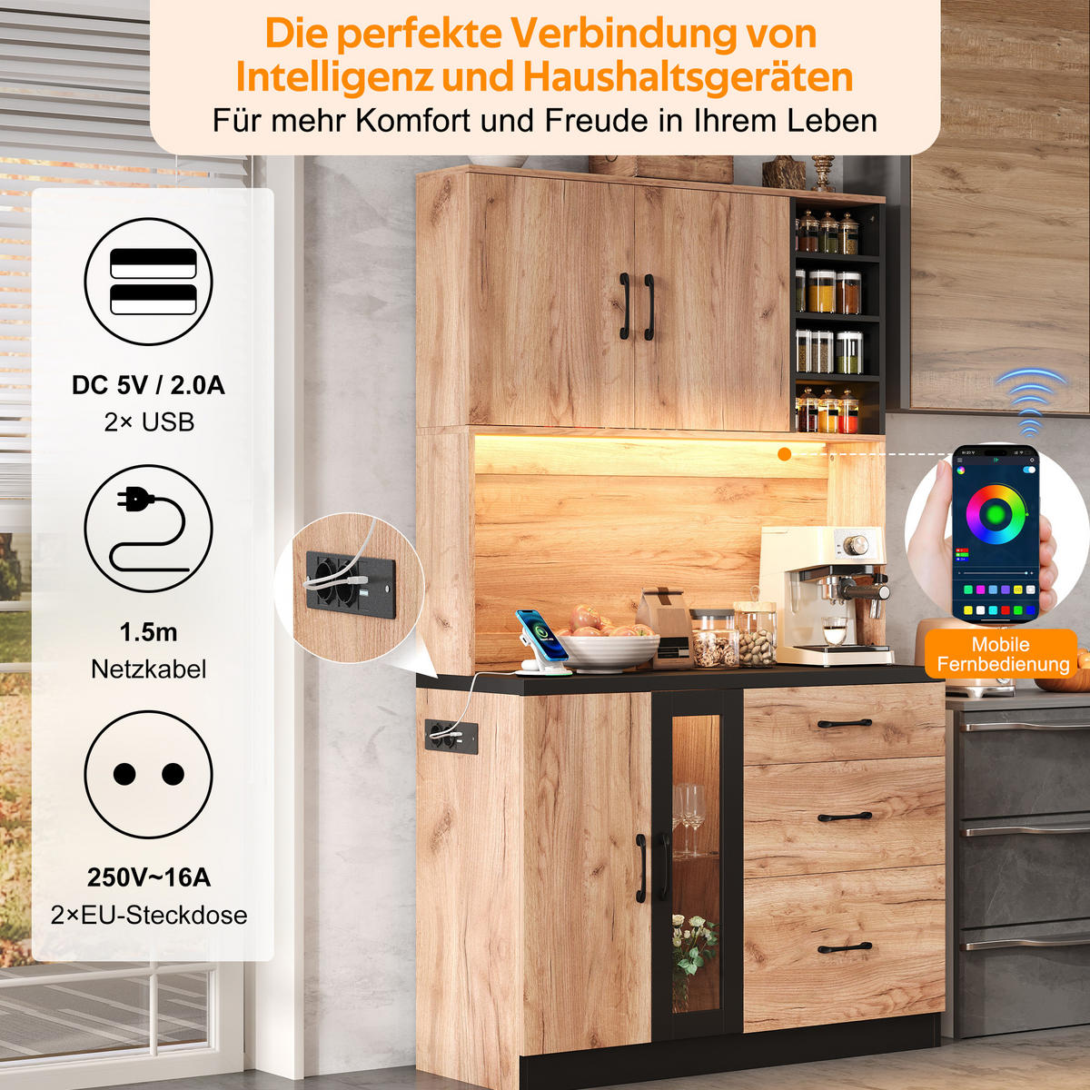 BUFFET 105/40/180 cm Neutral mit LED-Beleuchtung, verstellbaren Einlegeböden und 3 Schubladen - Naturfarben, Holz (105/180/40cm) - Oxeza