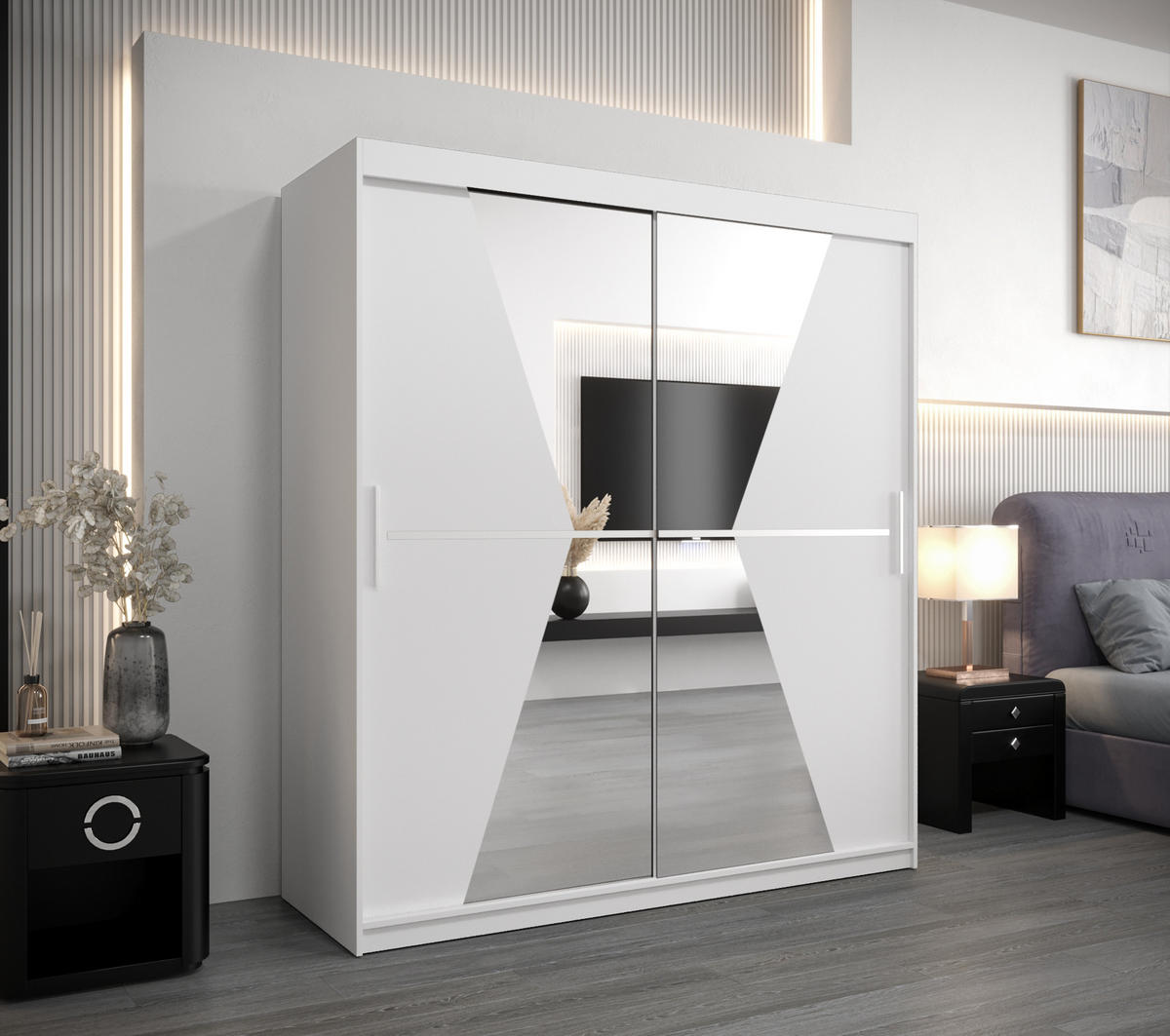 SCHWEBETÜRENSCHRANK 200/180/62 2-türig - Silberfarben/Weiß, Holz/Kunststoff (180/200/62cm) - MÖBEL KRYSPOL