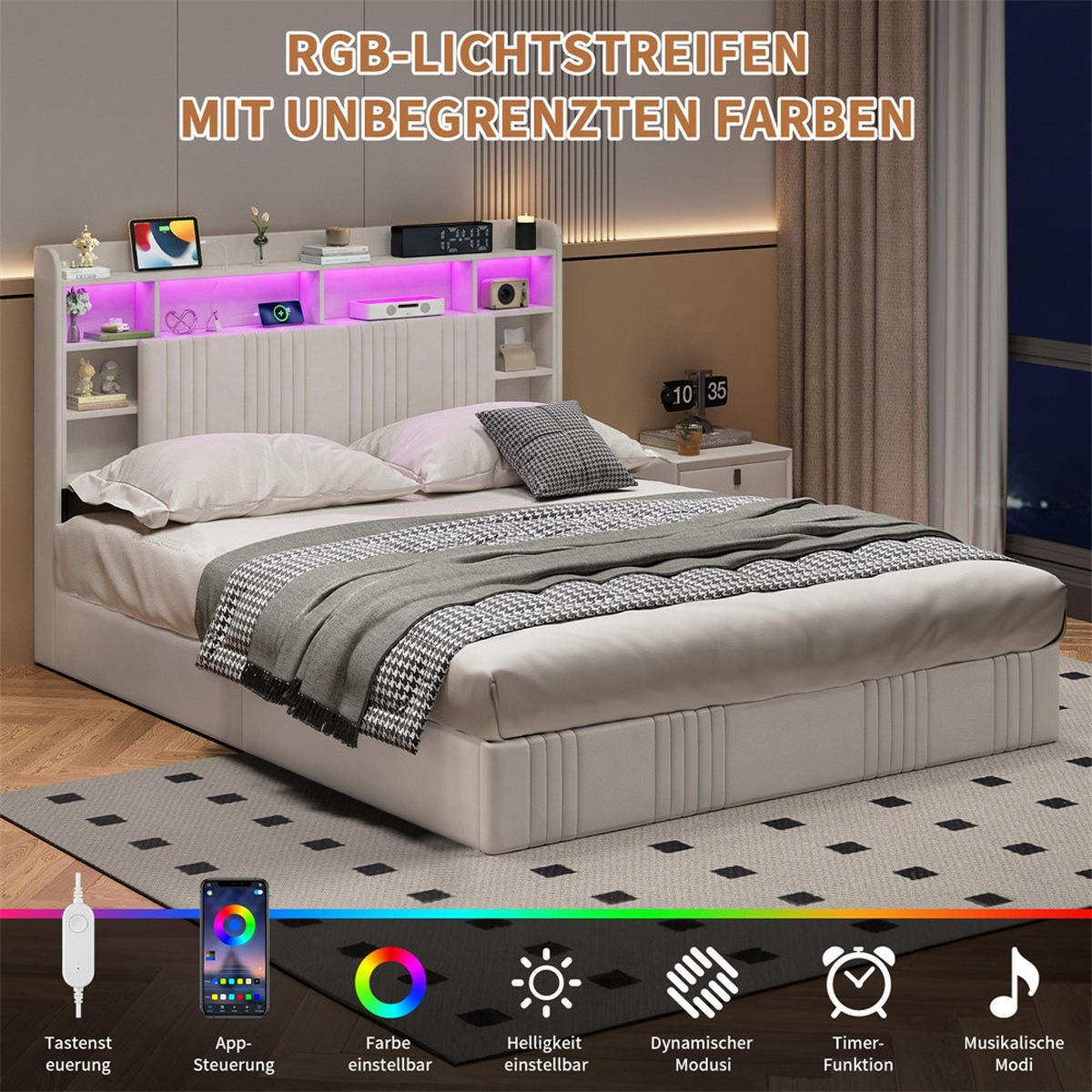 POLSTERBETT 140x200 cm mit LED-Beleuchtung - Kopfteil-Stauraum, Ladestation und hydraulischem Stauraum - Beige - Beige, Textil (140/200cm) - DELFA