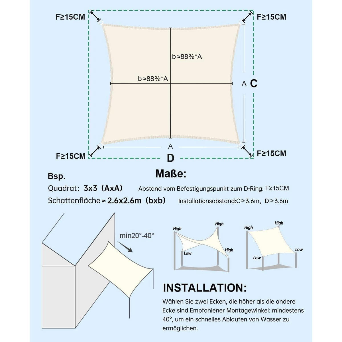 SONNENSEGEL 300 x 300 cm Cremeweiß Wasserdicht UV-Schutz PES Polyester - Creme, Textil (26/34cm)