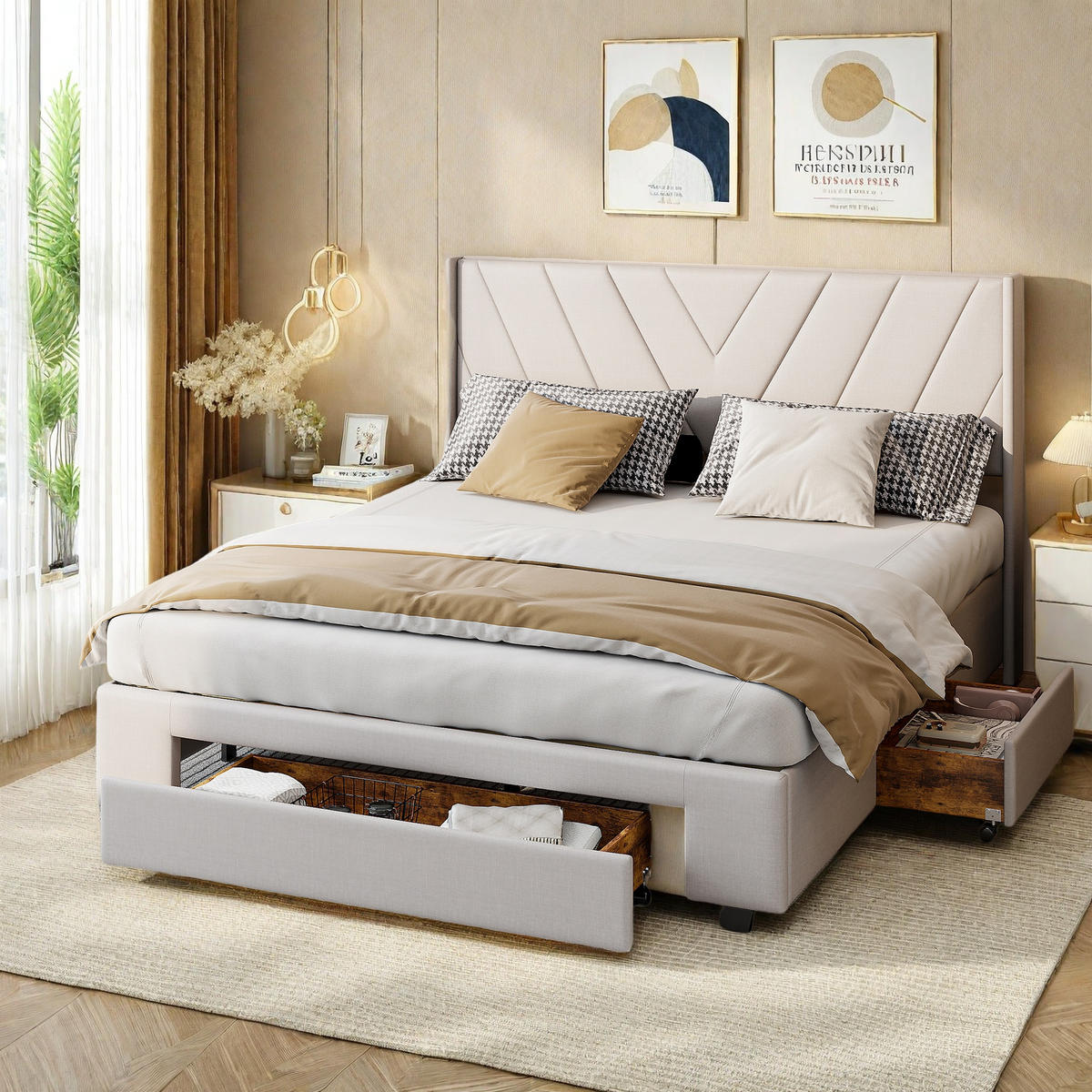 POLSTERBETT 140x200 cm Beige Stoff 3 Schubladen Stauraum - Beige, Holz (140/200cm) - SHOPENTRA