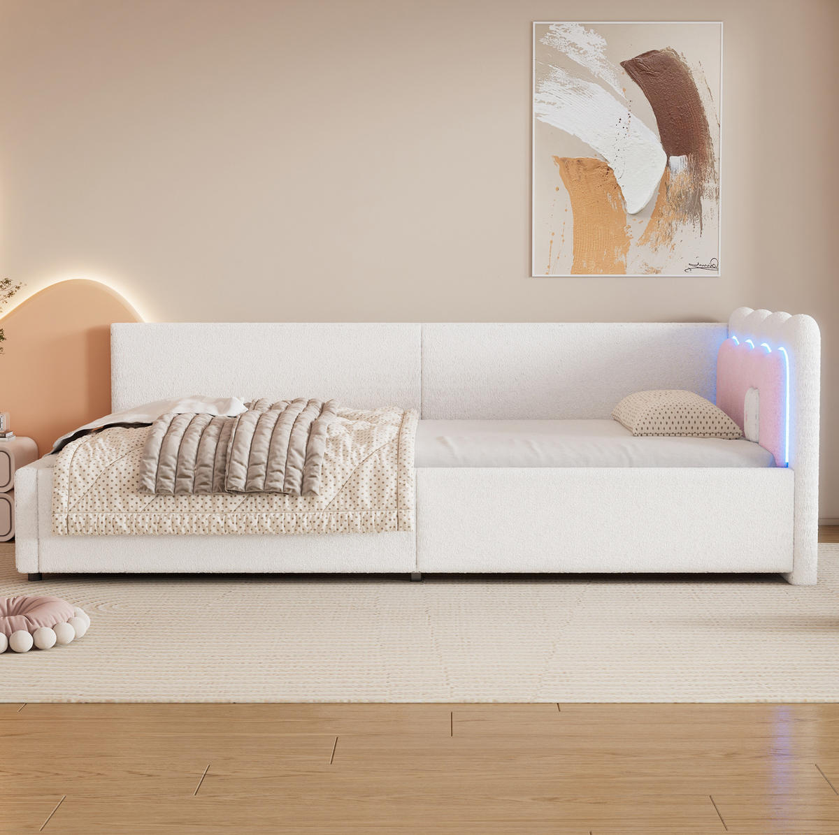 DNEVNI krevet 90/200 cm bijeli od baršuna i MDF-a s LED rasvjetom - bijela, tekstil (90/200cm) - OKWISH