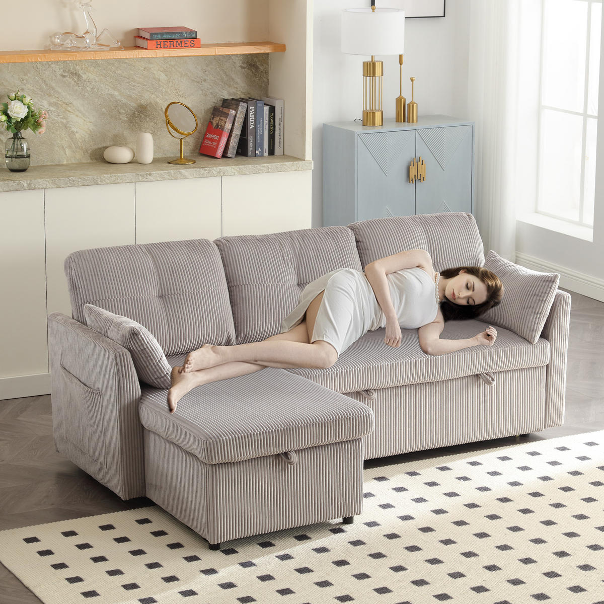 SCHLAFSOFA mit Stauraum, Ausziehbett und wechselbarer Chaiselongue - Hellgrau, Textil (206/66/108cm)