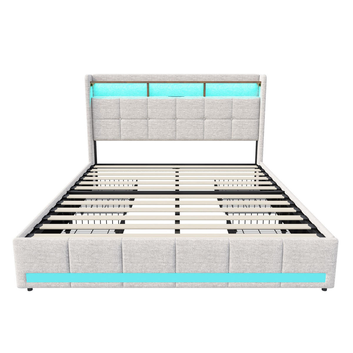 POLSTERBETT 140x200 cm "Aura" mit 4 Schubladen - LED-Beleuchtung & USB-Anschlüssen - Leinen-Optik - Beige - Beige, Textil (140/200cm) - DELFA
