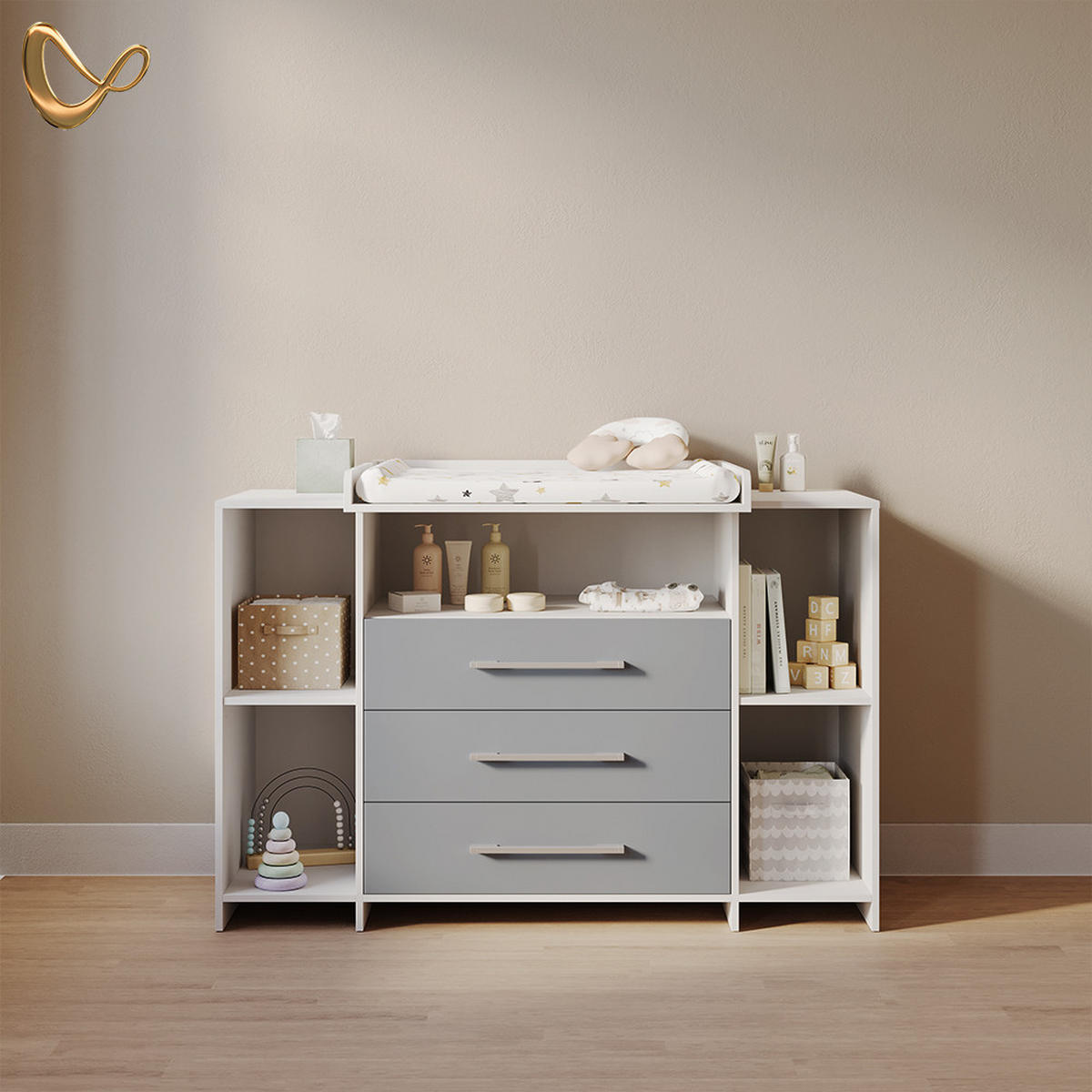 WICKELKOMMODE Torino Weiß/Grau XL mit Schubladen - Weiß/Grau, Holzwerkstoff (143/100/70cm) - Livinity®