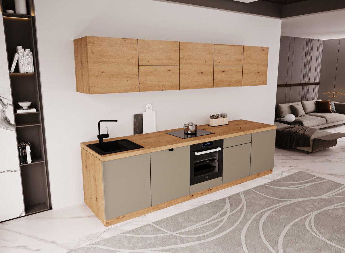 KÜCHENZEILE 300 cm - Langen KL30-M300 - in Beige / Artisan Eiche - Beige/Eiche Artisan, Holz (300/212/52cm)