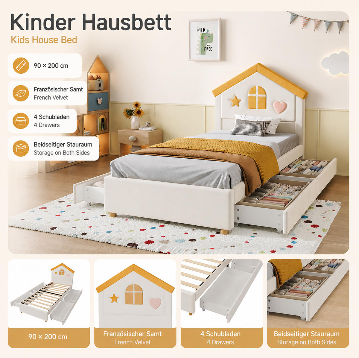 KINDERBETT aus Samt 90x200 cm Beige mit 4 Schubladen, Hauskopfteil und gepolstertem Design - Beige, Textil (90/200cm) - Modfu