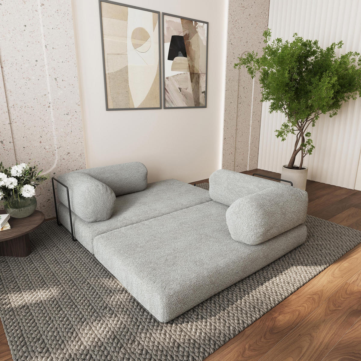 ECKSOFA KELI modulares Boneless Sofa mit Schlaffunktion Hellgrau Boucle-Stoff - Hellgrau, Textil (270/160cm) - MASSENO