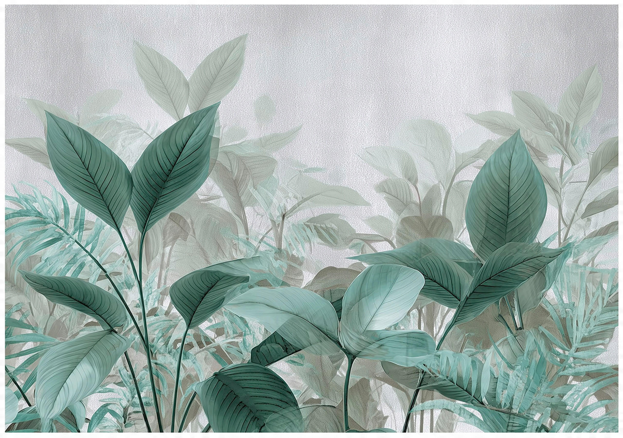 FOTOTAPETE Blätter Grün Betonwand Natur Wohnzimmer 300x210 - Multicolor, Papier (300/210cm) - Wallarena
