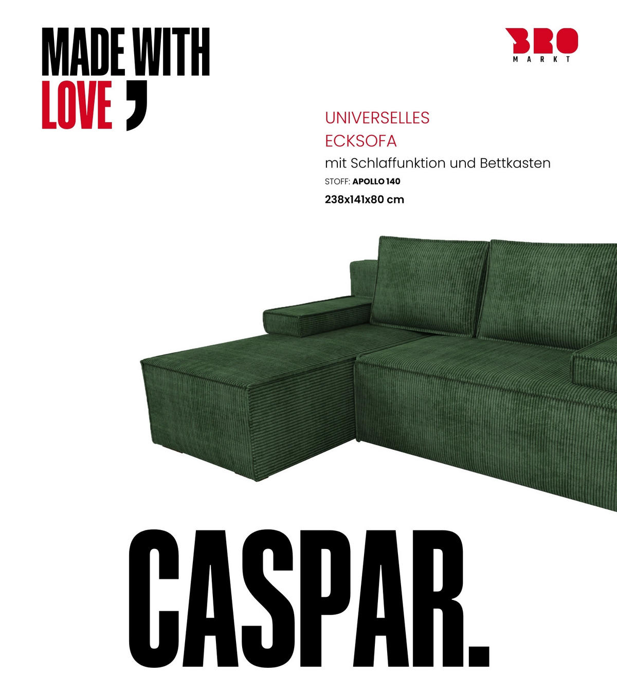 ECKSOFA Caspar mit Schlaffunktion Grün Cord - Grün, Textil (200/141cm) - Bromarkt