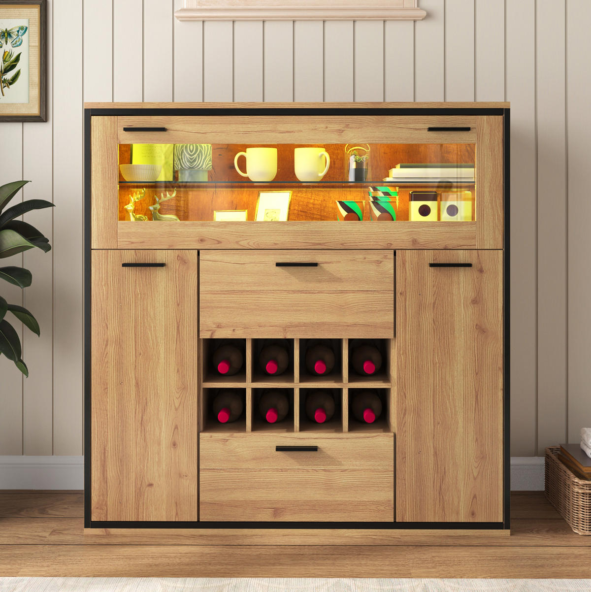 SIDEBOARD mit Weinregal 110 x 38 x 111 cm Holzoptik Schwarz - Braun, Holzwerkstoff (110/111/38cm) - Meubliv