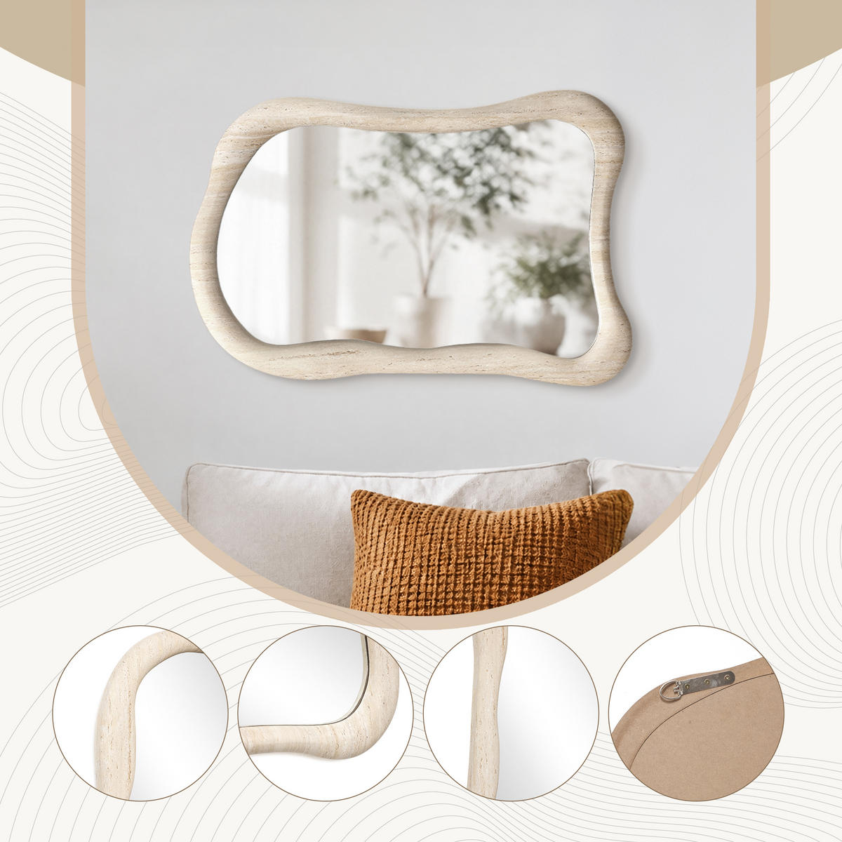 SPIEGEL unregelmäßig Rechteckig mit Holzrahmen 70×50 cm - Beige, Glas/Holz (50/3.6/70.5cm)
