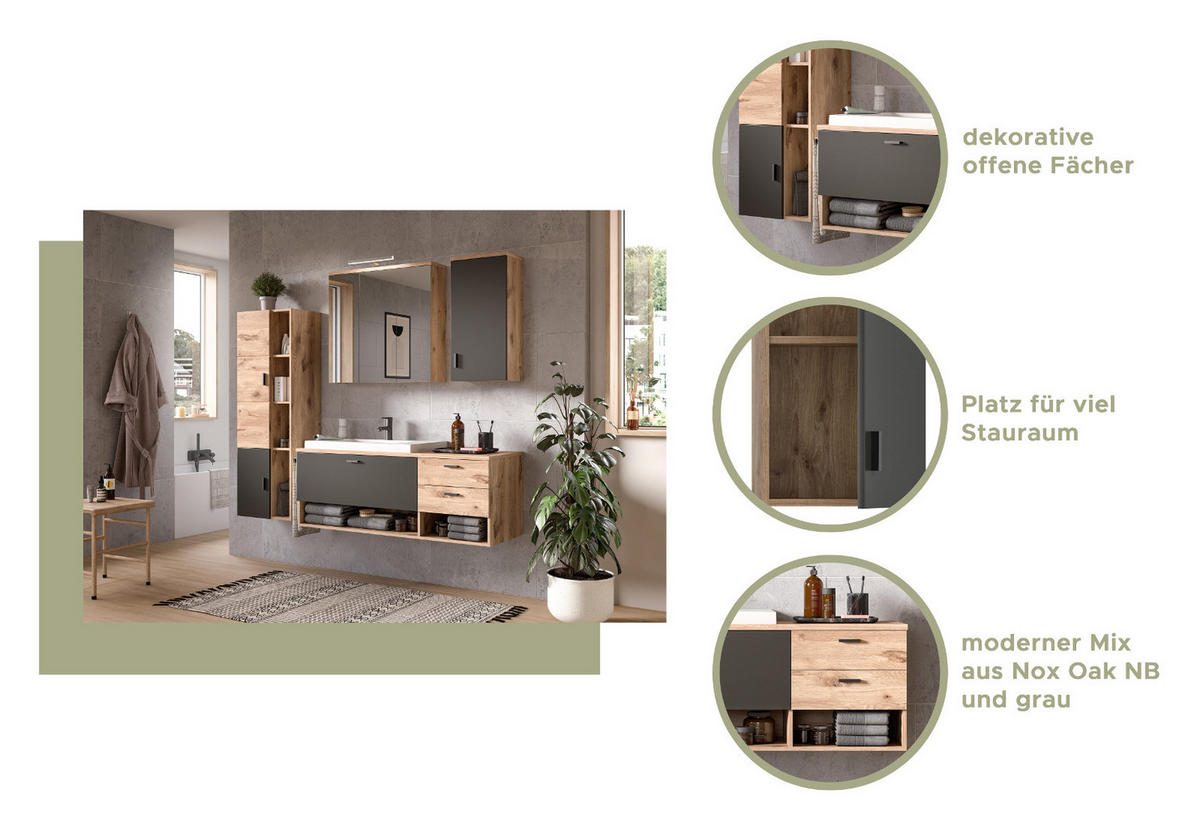 BADMÖBEL-SET Eiche, grau matt 5-teilig 200 cm, Kombination mit Waschbecken - Eichefarben/Grau, Holzwerkstoff (203/192/48cm) - Inn.Furn