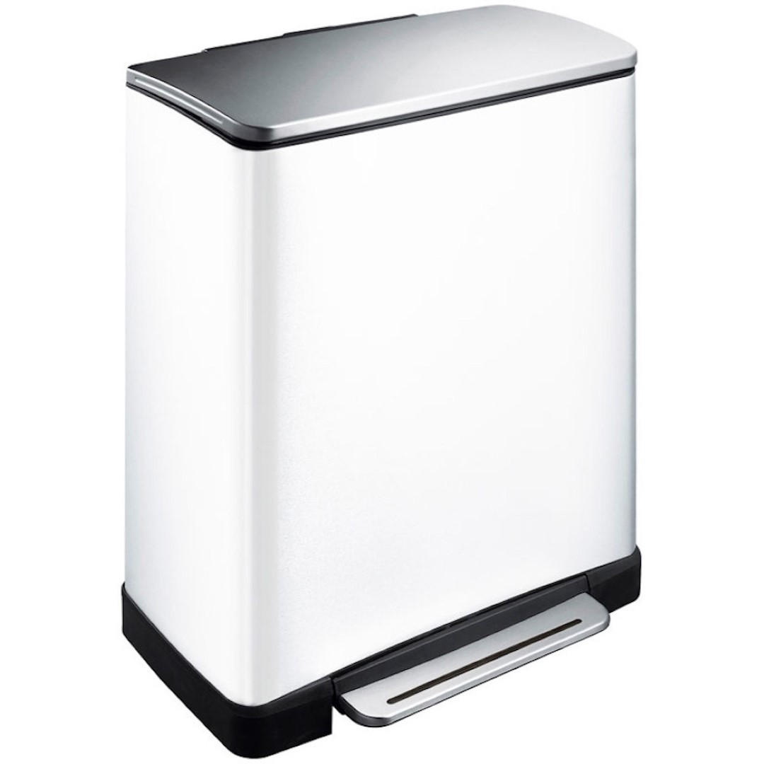 MÜLLEIMER Stilvoller Rechteckiger Mit Extra Breitem Pedal 46 Liter 65 x 50 x 34,5 cm 2 Inneneimer Aus Kunststoff Weiß Deckel Edelstahl - Weiß, Metall (50/65/34.5cm) - PROREGAL