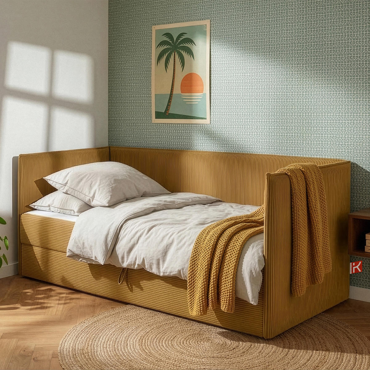 JUGENDBETT ROTI Einzelbett mit Bettkasten, 90x200cm, Bett mit Bonellmatratze, mit Rückenlehne - Gelb/Schwarz, Holz/Holzwerkstoff (92/200cm) - KONSIMO®