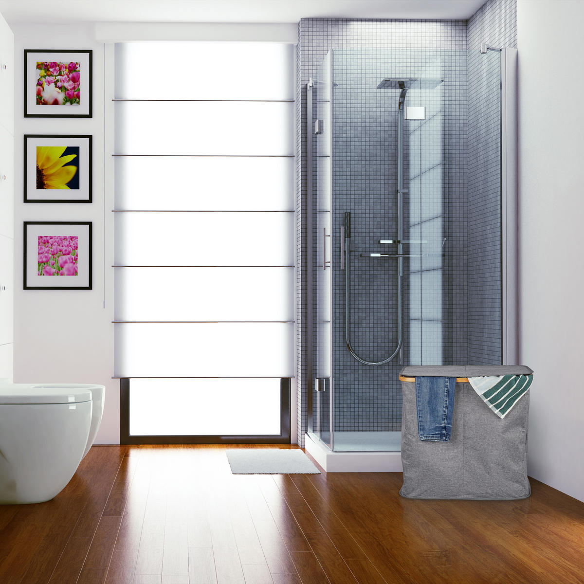 DOPPELWÄSCHEKORB - Grau, Holz/Textil (33.5/54/50cm) - Relaxdays