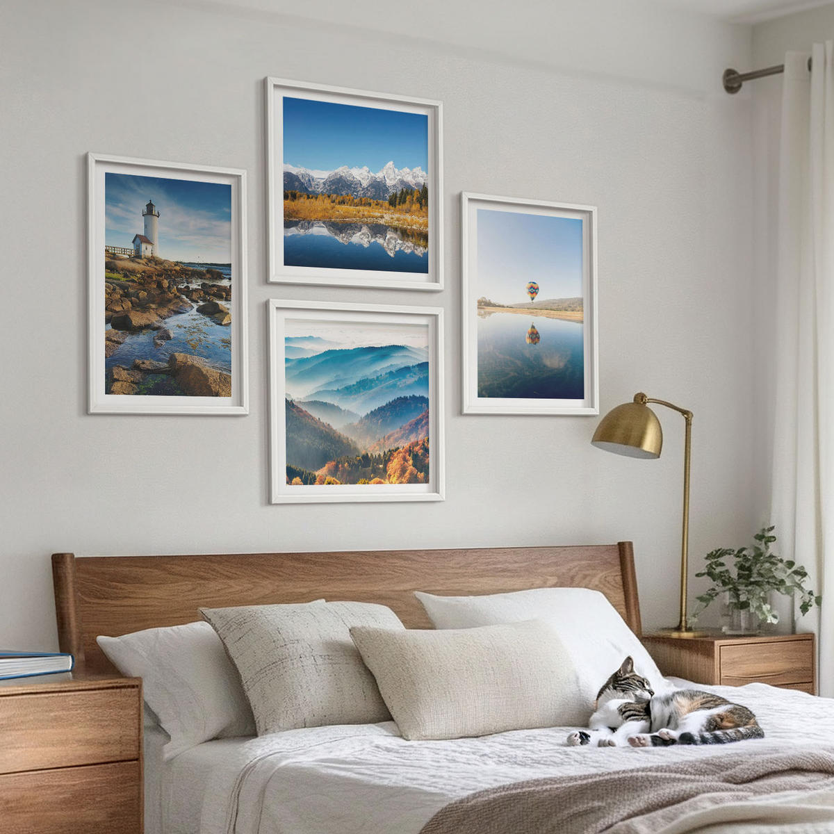 BILDER SET 4er Set - 50x50 cm & 40x60 cm Weißer Rahmen - Ausblicke auf die Natur, Leuchtturm, Berge - Weiß, Kunststoff (50/50cm) - TULUP