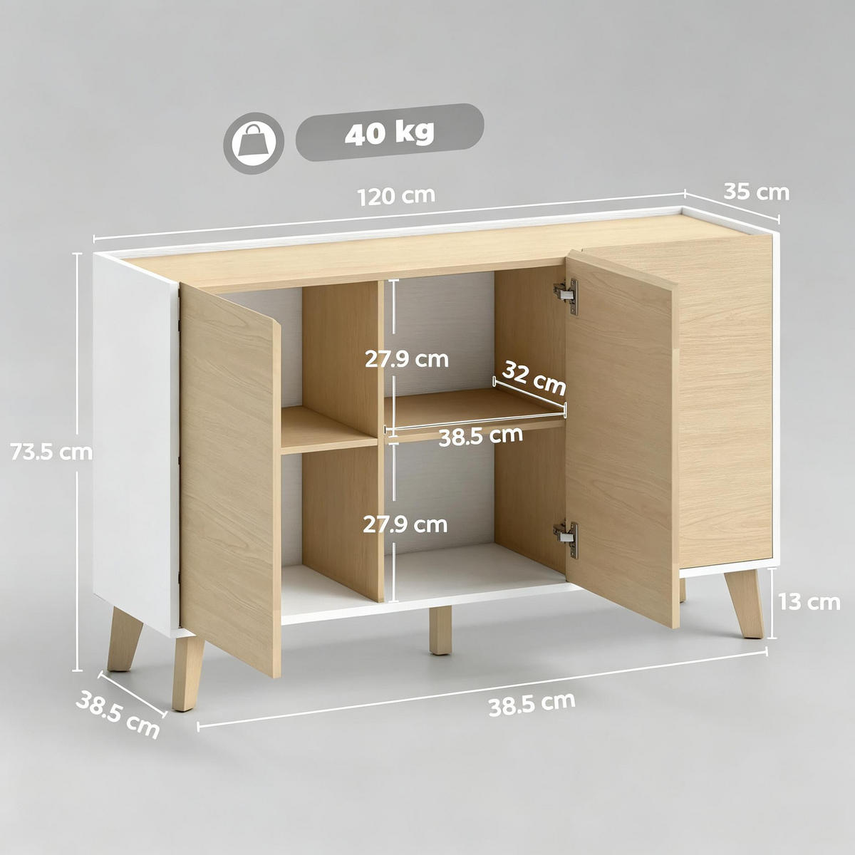 BUFFET DE-38815 120/35/73,5 cm 3 Türen und 6 Fächer Naturholz - Naturfarben, Holzwerkstoff (120/73.5/35cm) - ComfortXL