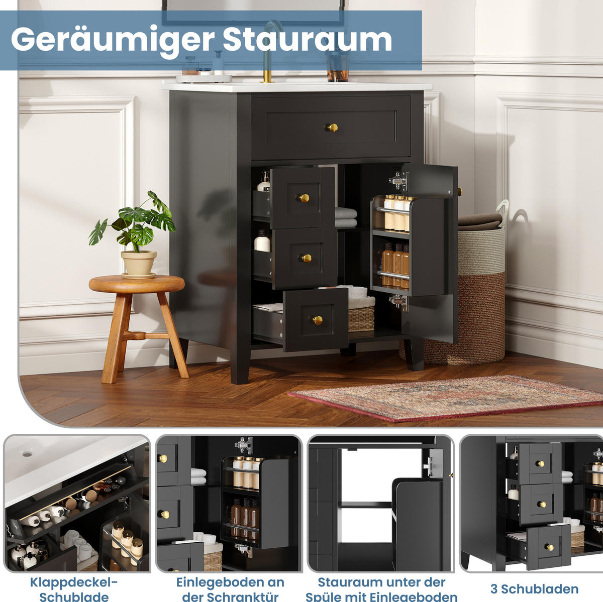 WASCHTISCHUNTERSCHRANK aus MDF und Keramik 61x47x86 cm Schwarz mit Stauraum, Soft-Close und Keramikwaschbecken - Schwarz, Keramik (61/86/47cm) - Modfu