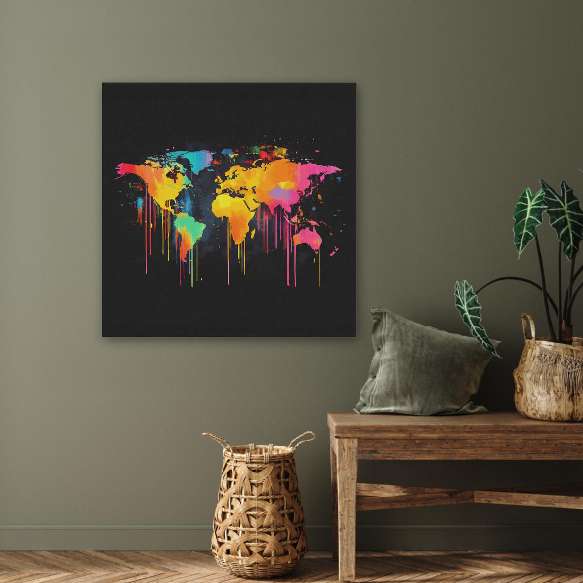 AKUSTIKBILD Weltkarte - Farbe - Bunt - Graffiti - Welt Akustikpaneele 80x80 cm - Multicolor, Kunststoff (80/80/0.9cm) - MuchoWow