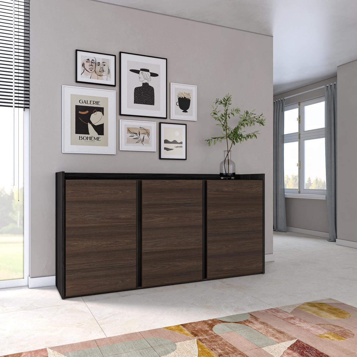 SIDEBOARD, Dunkler Eiche und Schwarz, 156/35/80cm - Dunkelbraun, Holzwerkstoff (156/80/35cm) - Skraut Home