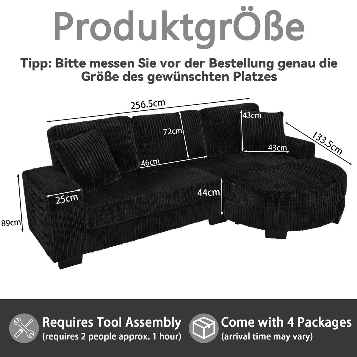 ECKSOFA 256.5/133.5/89 cm Schwarz Cord mit 2 Kissen und ovaler Fußhocker - Schwarz, Textil (133.5/89/256.5cm) - Oxeza