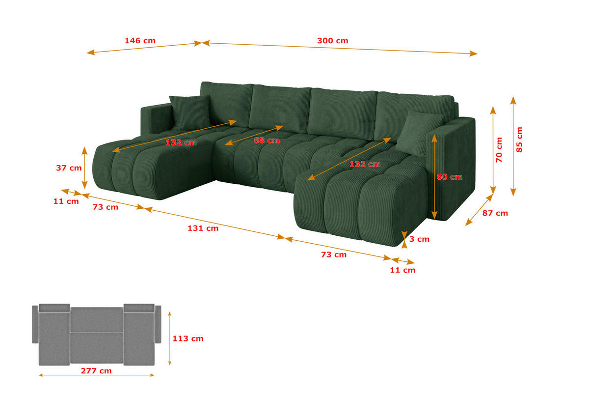 SEDACÍ SOUPRAVA DO U s funkcí spaní a úložným prostorem GARD-U 300x146x85 zelená manšestr - černá/tmavě zelená, kompozitní dřevo/textil (300/85/146cm) - ALTDECOR