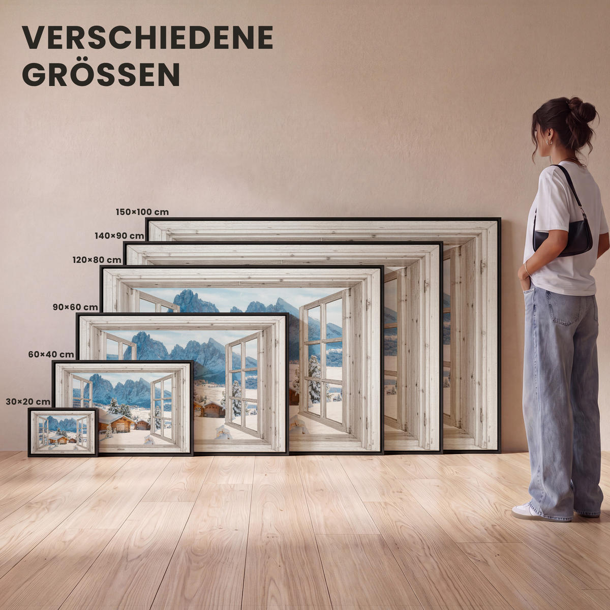 LEINWAND Bilder mit Rahmen - Winterlandschaft - Hütte - Berge - Ausblicke - Aussicht - Natur - 140x90 - Weiß Hochglanz, Textil (140/90cm) - MuchoWow