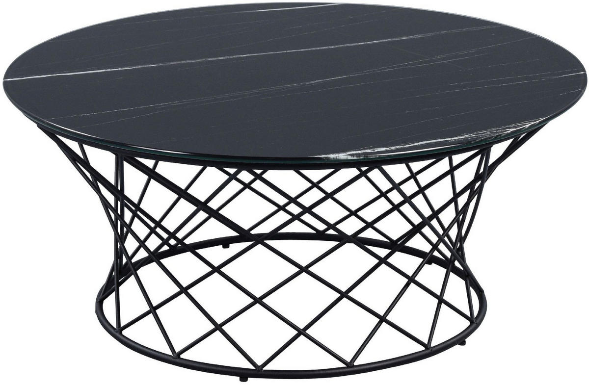 COUCHTISCH Gloria Rund Metall Sicherheitsglas in Marmoroptik 80/35/80 cm - Schwarz, Metall (80/35/14cm) - M2 Kollektion